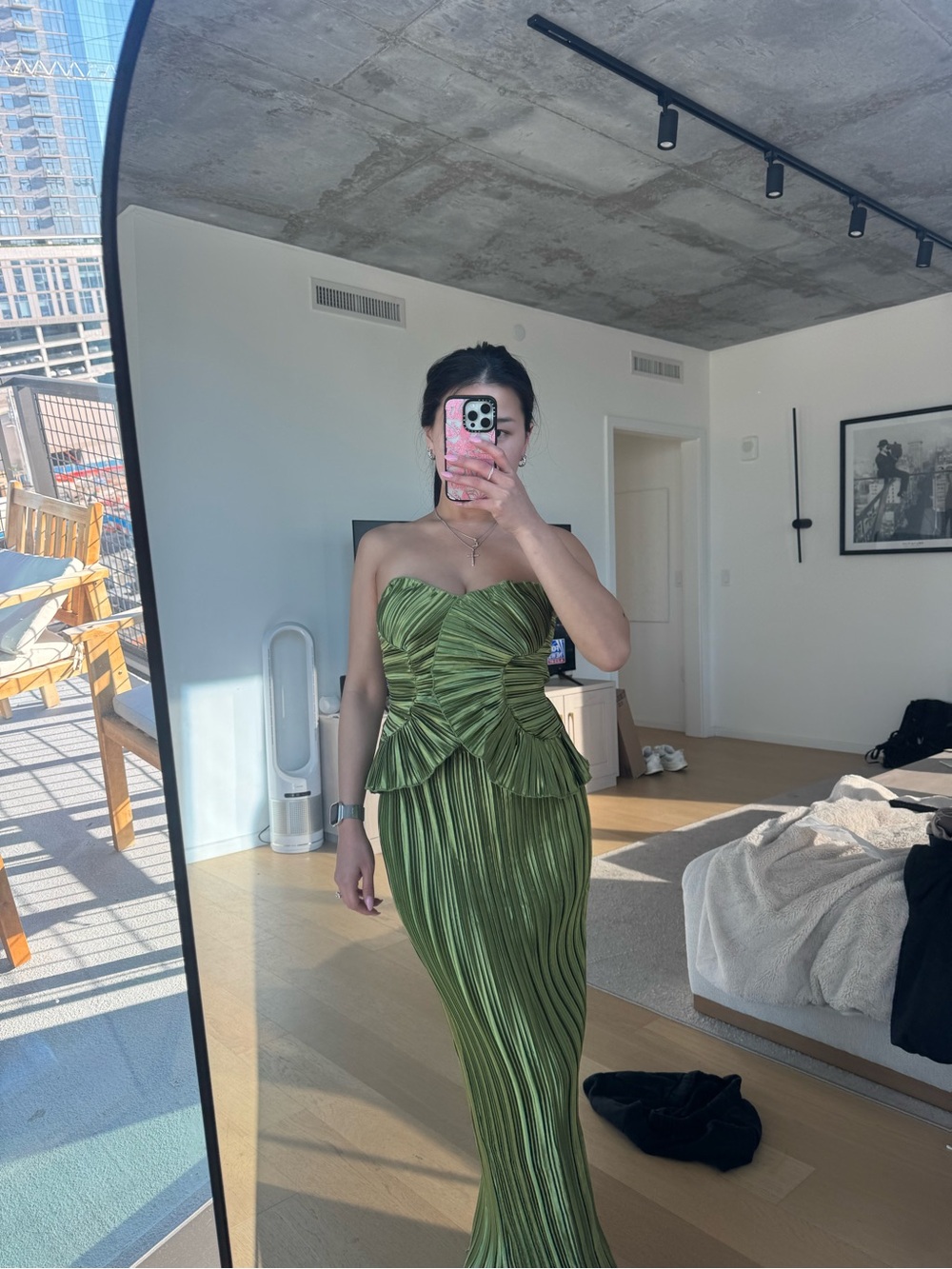 GREEN FORMAL PLEATED SATIN DRESS/TWO PIECE